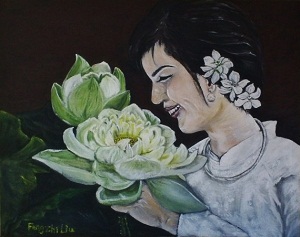 oil painting of a girl with lotus flowers