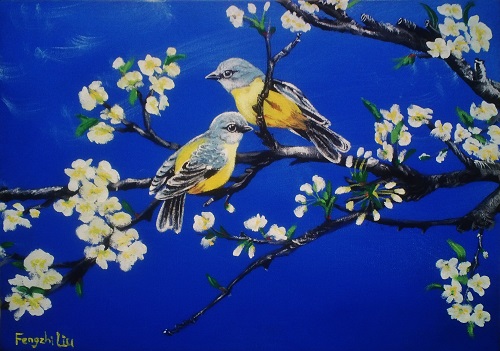 an original one-of-a-kind acrylic painting of a birds and Plum flowers