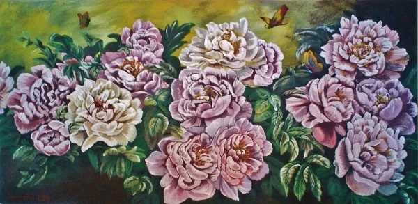 an original one-of-a-kind Acrylic painting of tree peony flowers with butterflys. 